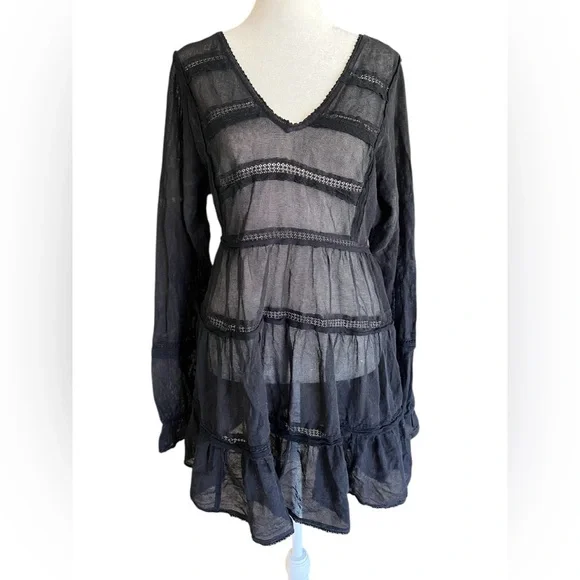 FREE PEOPLE Berlin Black Mesh Long-Sleeved Mini Dress Boho Lace Size S - Picture 1 of 8